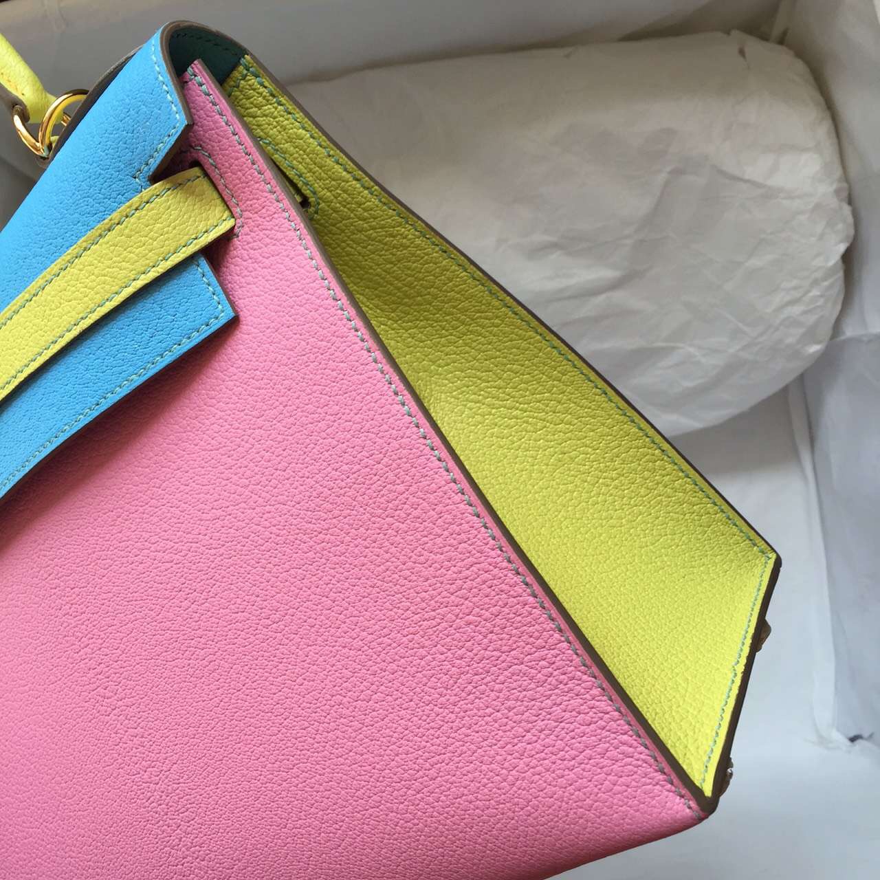 Wholesale Hermes Colorblock Chevre Leather Sellier Kelly 28CM Gold Hardware