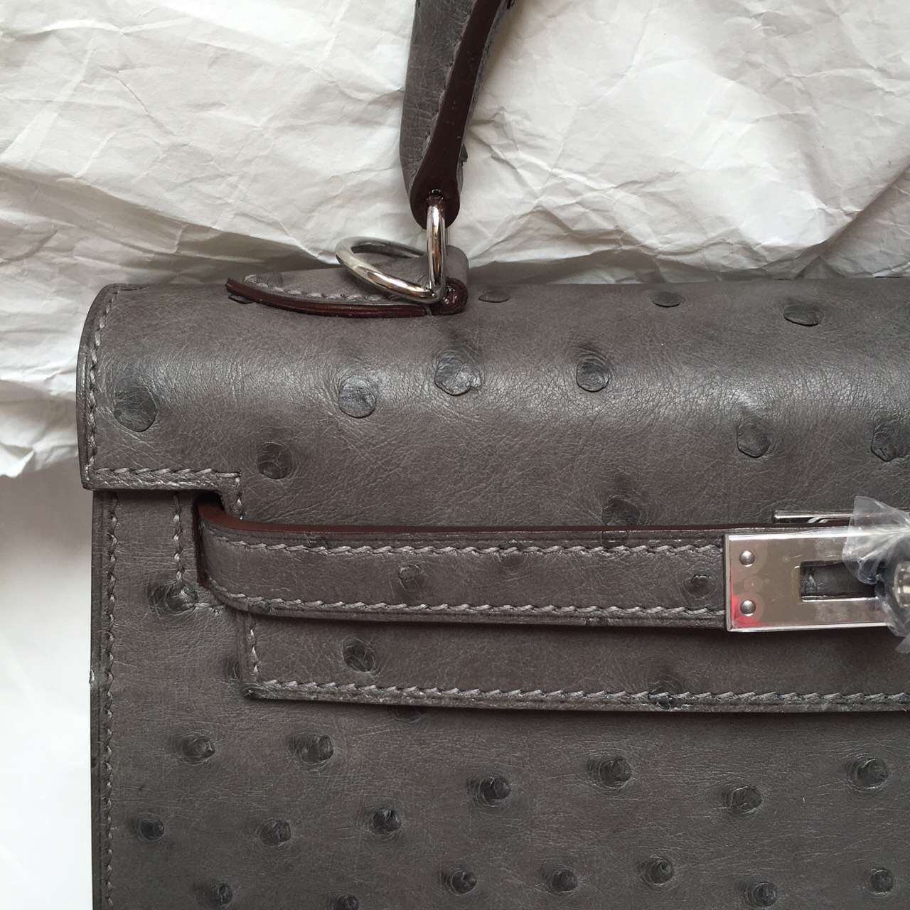 Hot Sale Hermes 8F Etain Grey Ostrich Leather Kelly Bag Sellier 28CM