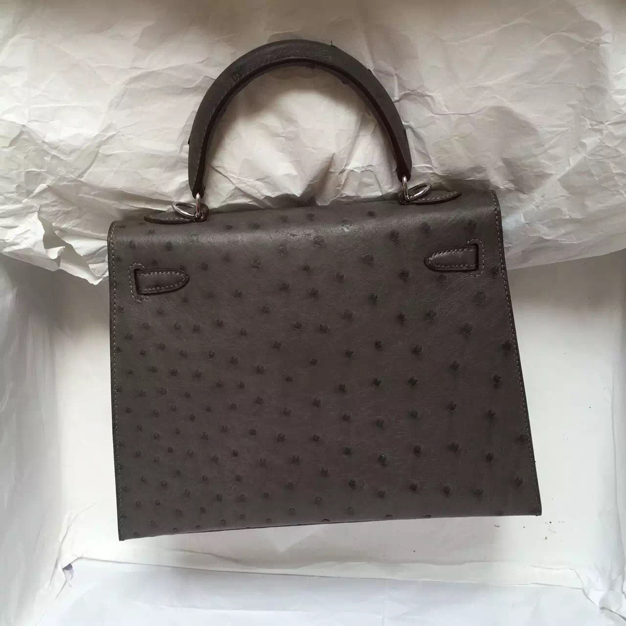 Hot Sale Hermes 8F Etain Grey Ostrich Leather Kelly Bag Sellier 28CM