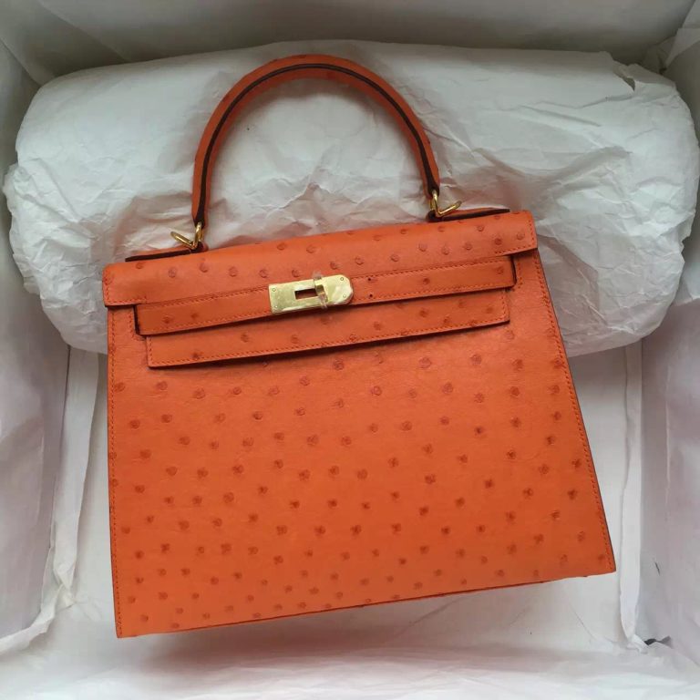 Hand Stitching Hermes Ostrich Leather Sellier Kelly Bag  28CM in Orange