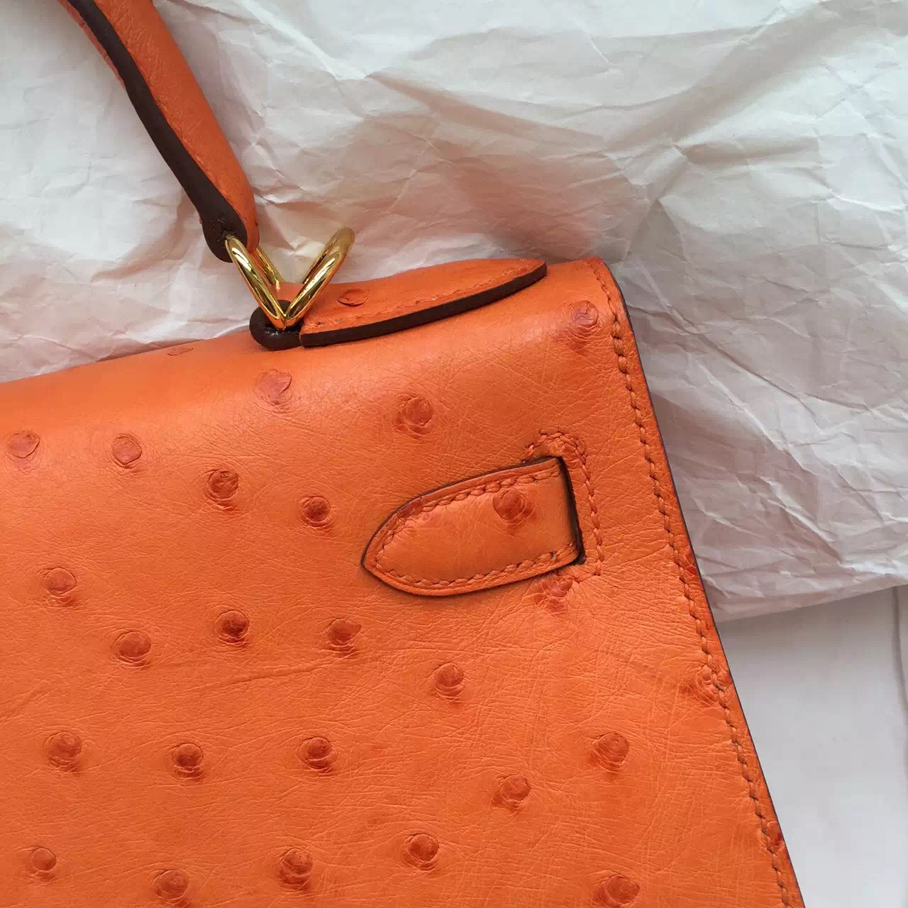 Hand Stitching Hermes Ostrich Leather Sellier Kelly Bag 28CM in Orange