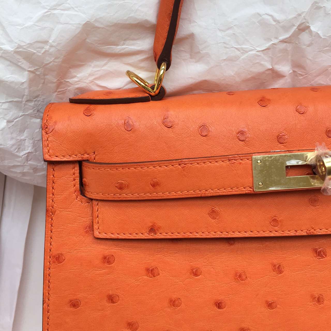 Hand Stitching Hermes Ostrich Leather Sellier Kelly Bag 28CM in Orange