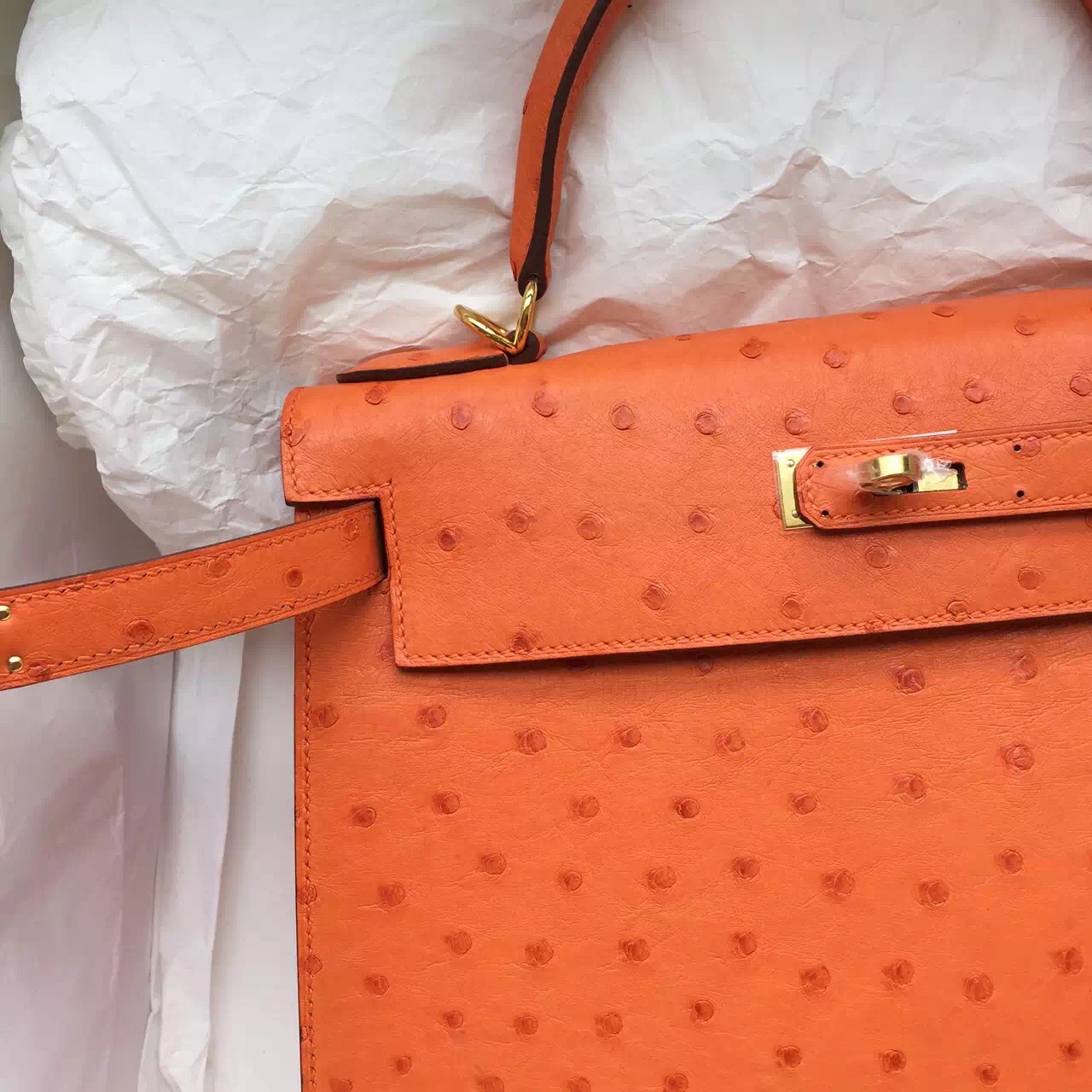 Hand Stitching Hermes Ostrich Leather Sellier Kelly Bag 28CM in Orange