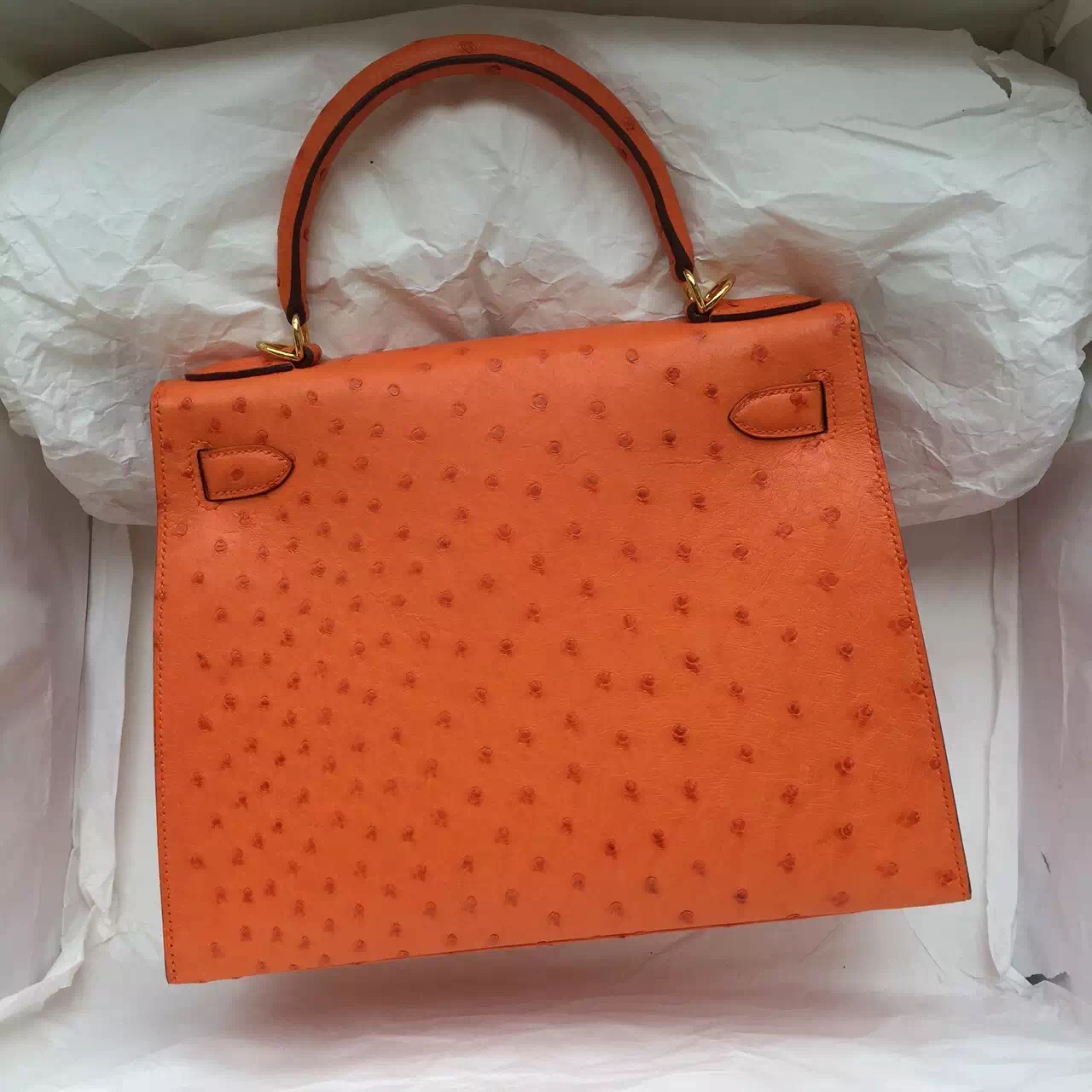 Hand Stitching Hermes Ostrich Leather Sellier Kelly Bag 28CM in Orange