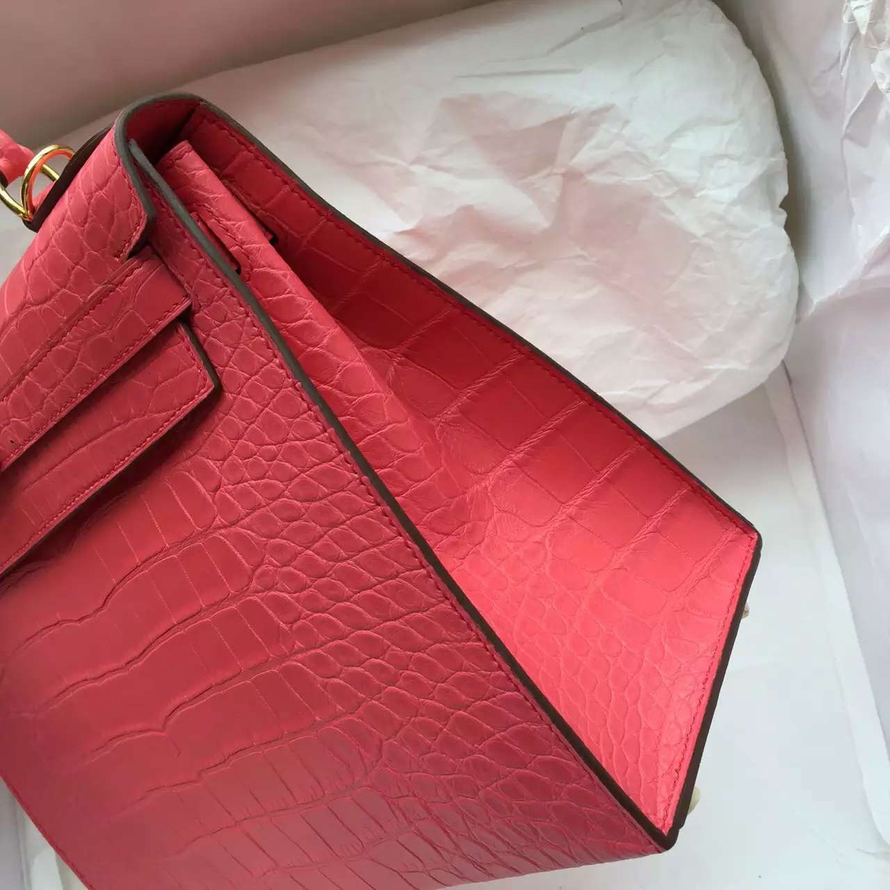 T5 Rose Jaipure Crocodile Skin Hermes Kelly Bag 28CM Sellier Gold Hardware