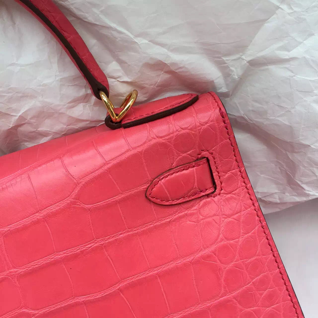 T5 Rose Jaipure Crocodile Skin Hermes Kelly Bag 28CM Sellier Gold Hardware
