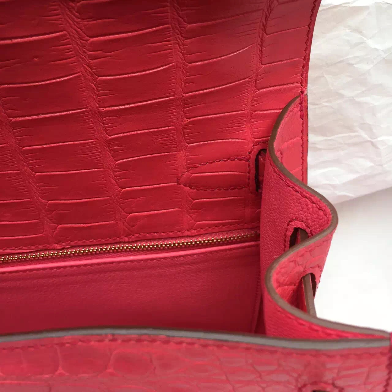 T5 Rose Jaipure Crocodile Skin Hermes Kelly Bag 28CM Sellier Gold Hardware