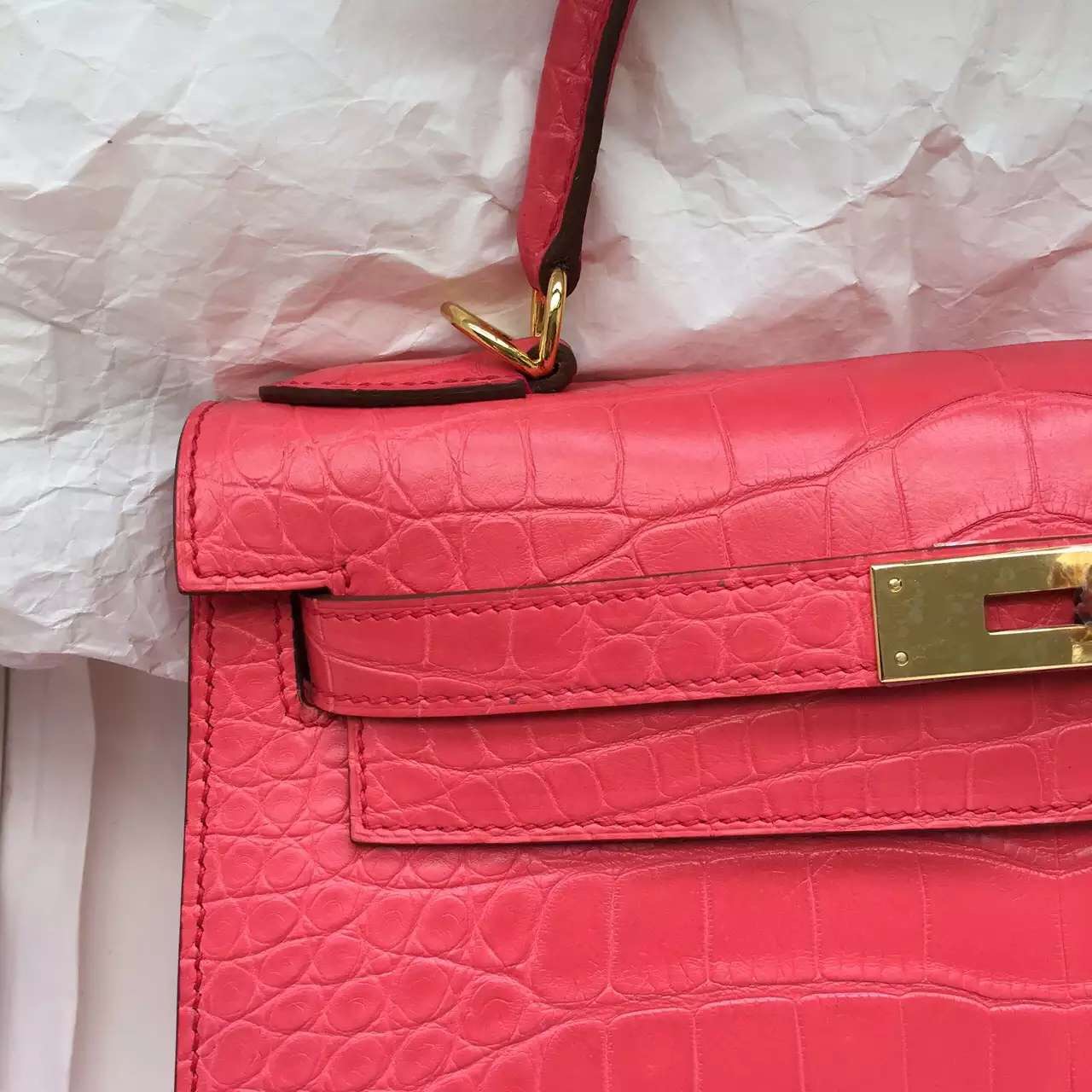 T5 Rose Jaipure Crocodile Skin Hermes Kelly Bag 28CM Sellier Gold Hardware