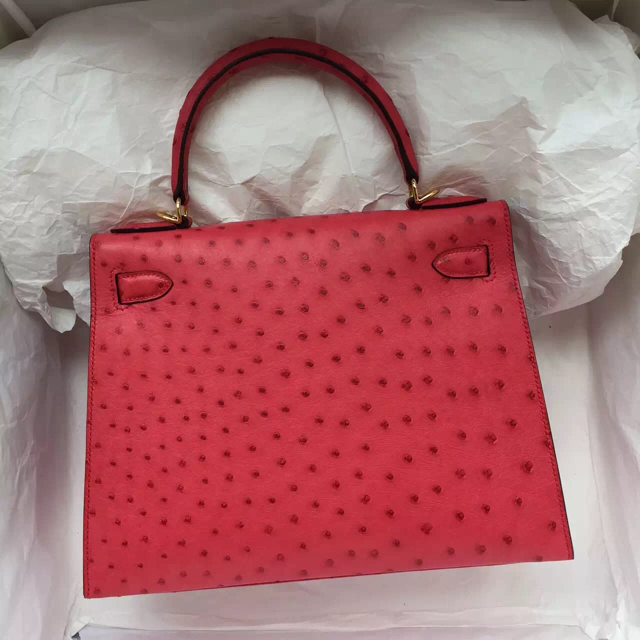 Cheap Hermes T5 Rose Jaipure Ostrich Leather Sellier Kelly Bag 28CM Gold Hardware