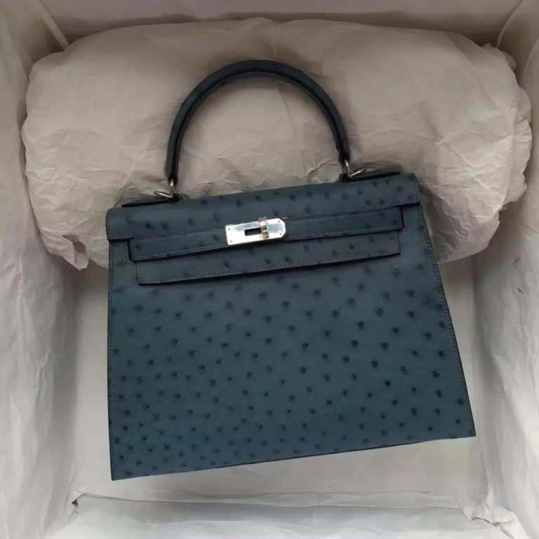 Hermes 7Y Blue Orage Ostrich Leather Kelly 28CM Womens Handbag