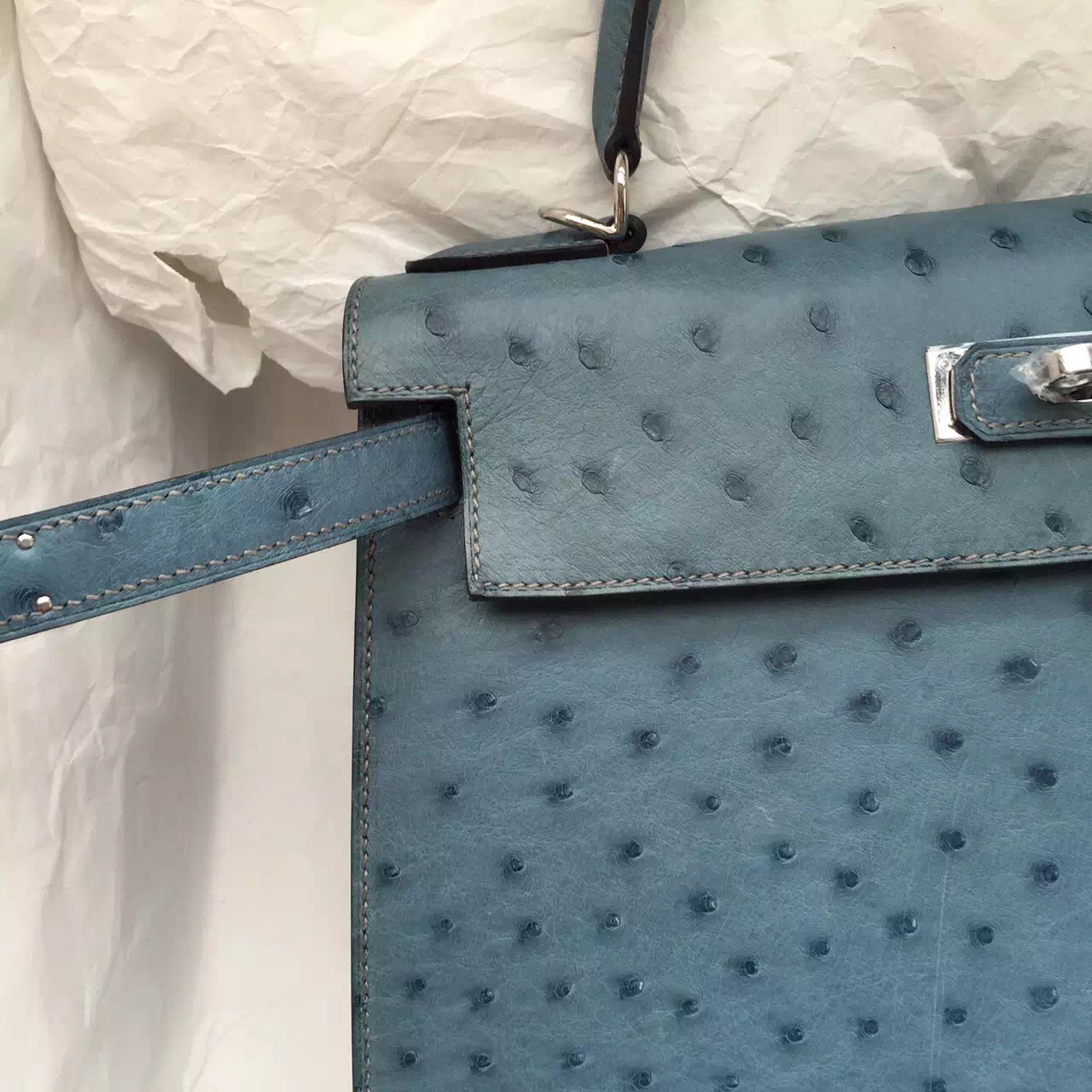 Discount Hermes 7Y Blue Orage Ostrich Leather Kelly28CM Fashion Women&#8217;s Handbag