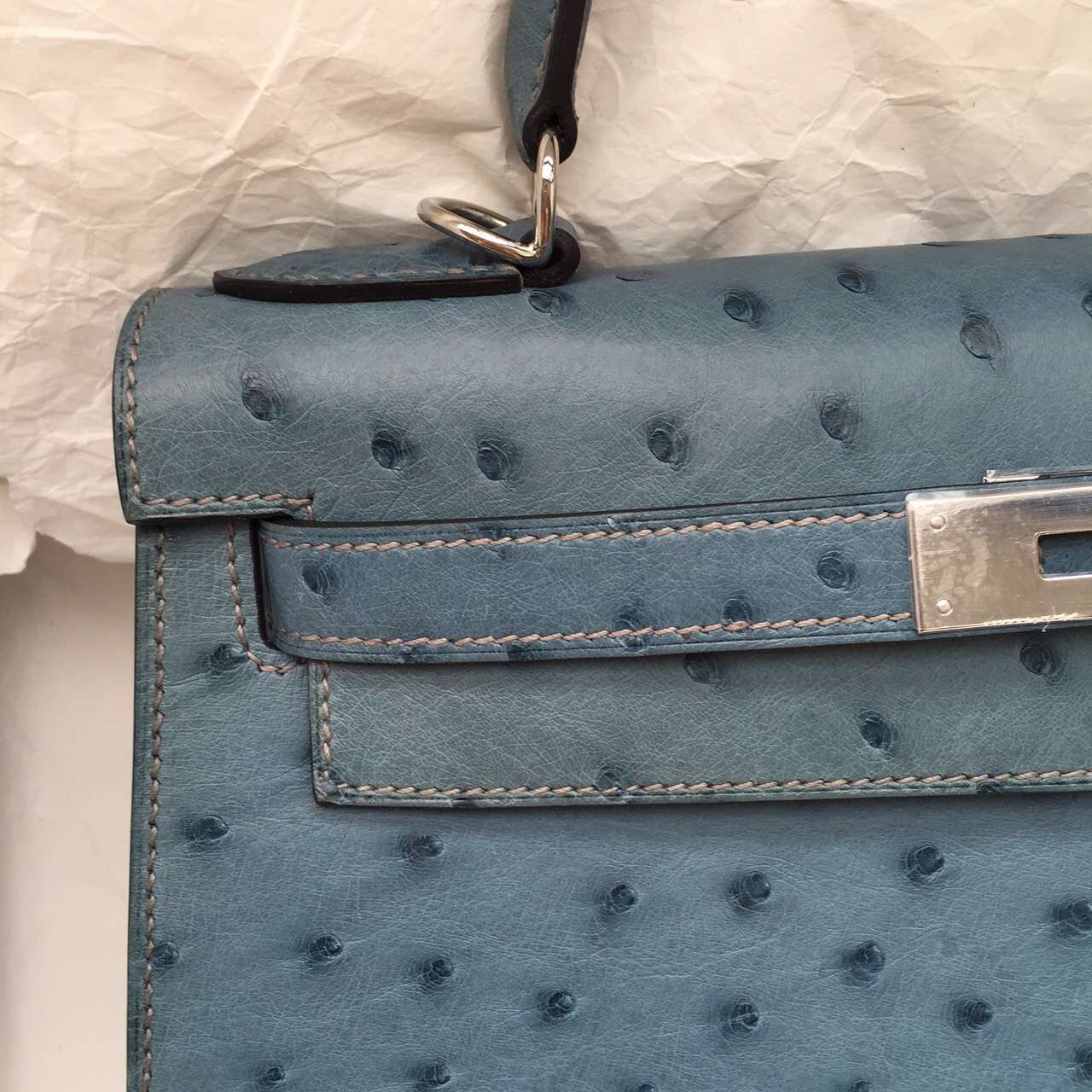 Discount Hermes 7Y Blue Orage Ostrich Leather Kelly28CM Fashion Women&#8217;s Handbag
