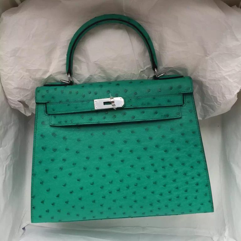 28CM Hermes 6W Menthe Green Ostrich Leather Sellier Kelly Bag Womens Tote