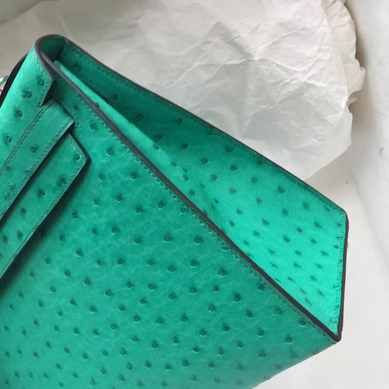 28CM Hermes 6W Menthe Green Ostrich Leather Sellier Kelly Bag Women&#8217;s Tote