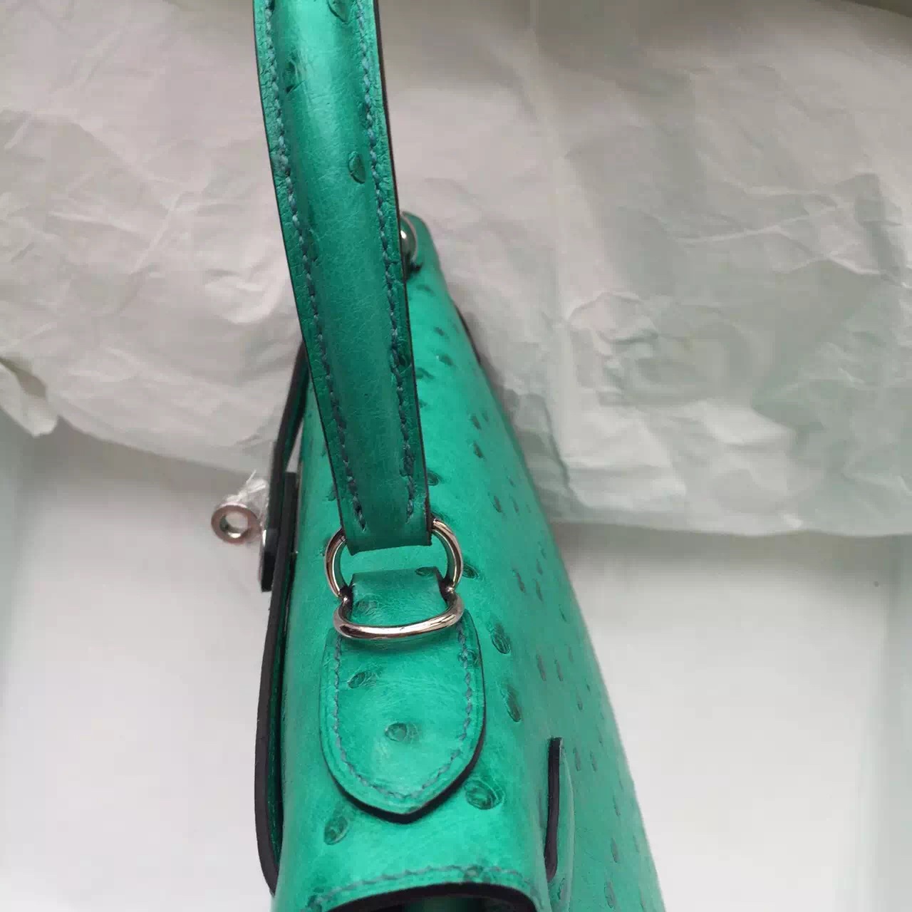 28CM Hermes 6W Menthe Green Ostrich Leather Sellier Kelly Bag Women&#8217;s Tote