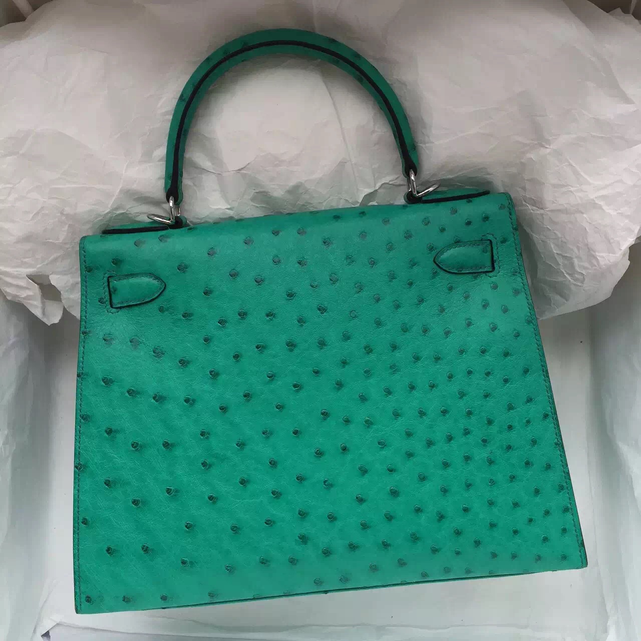 28CM Hermes 6W Menthe Green Ostrich Leather Sellier Kelly Bag Women&#8217;s Tote