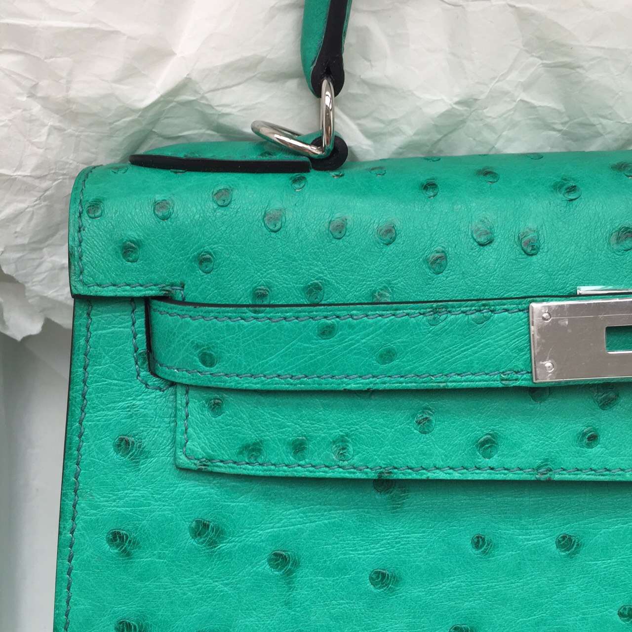 28CM Hermes 6W Menthe Green Ostrich Leather Sellier Kelly Bag Women’s Tote