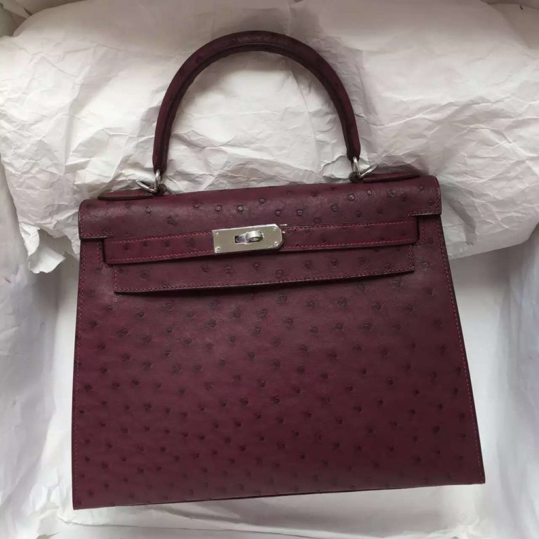 Hermes B5 Ruby Red Ostrich Leather Sellier Kelly Bag  28CM Silver Hardware