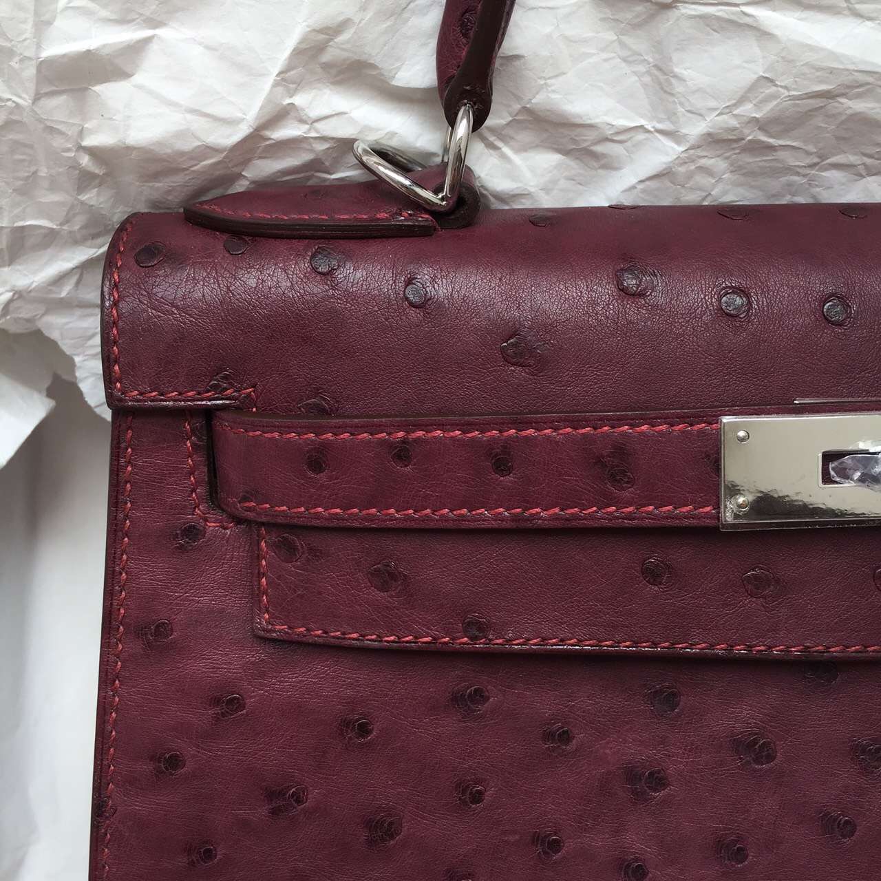 Hermes B5 Ruby Red Ostrich Leather Sellier Kelly Bag 28CM Silver Hardware