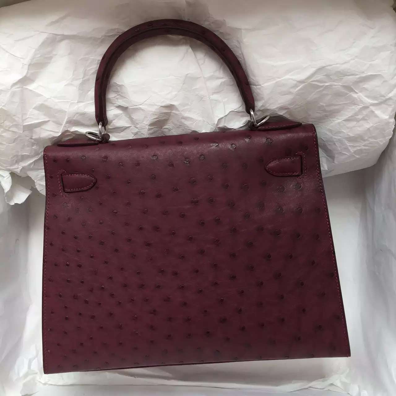 Hermes B5 Ruby Red Ostrich Leather Sellier Kelly Bag 28CM Silver Hardware