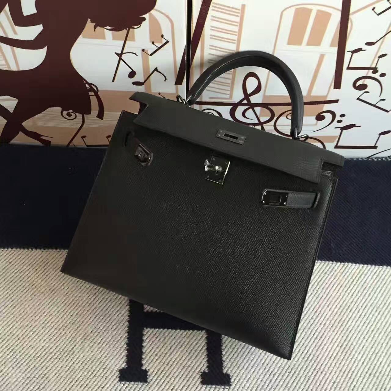 Hand Stitching Hermes CK89 Black Epsom Leather Sellier Kelly Bag 25CM