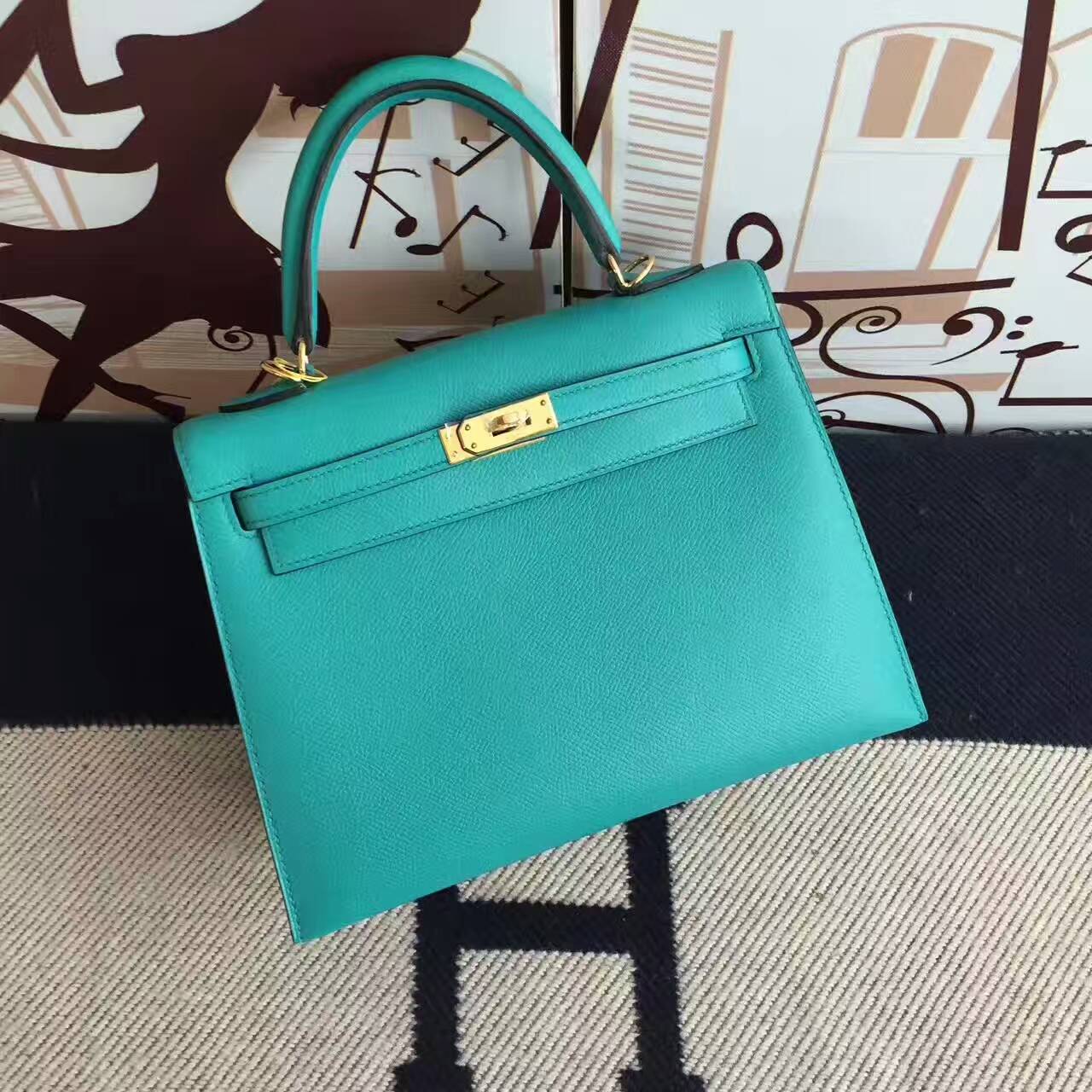 Discount Hermes 7F Blue Paon Epsom Leather Sellier Kelly Bag 25CM