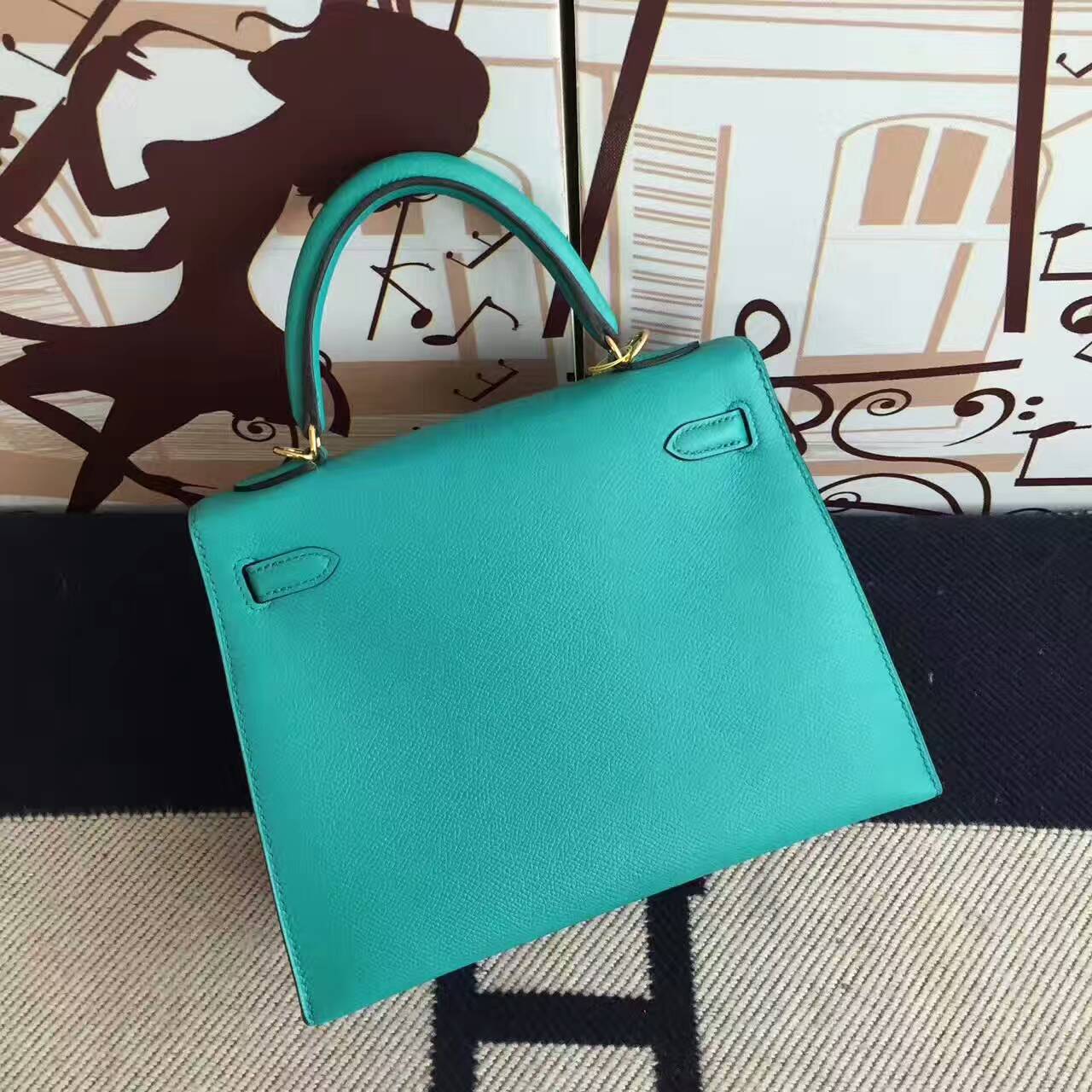 Discount Hermes 7F Blue Paon Epsom Leather Sellier Kelly Bag 25CM