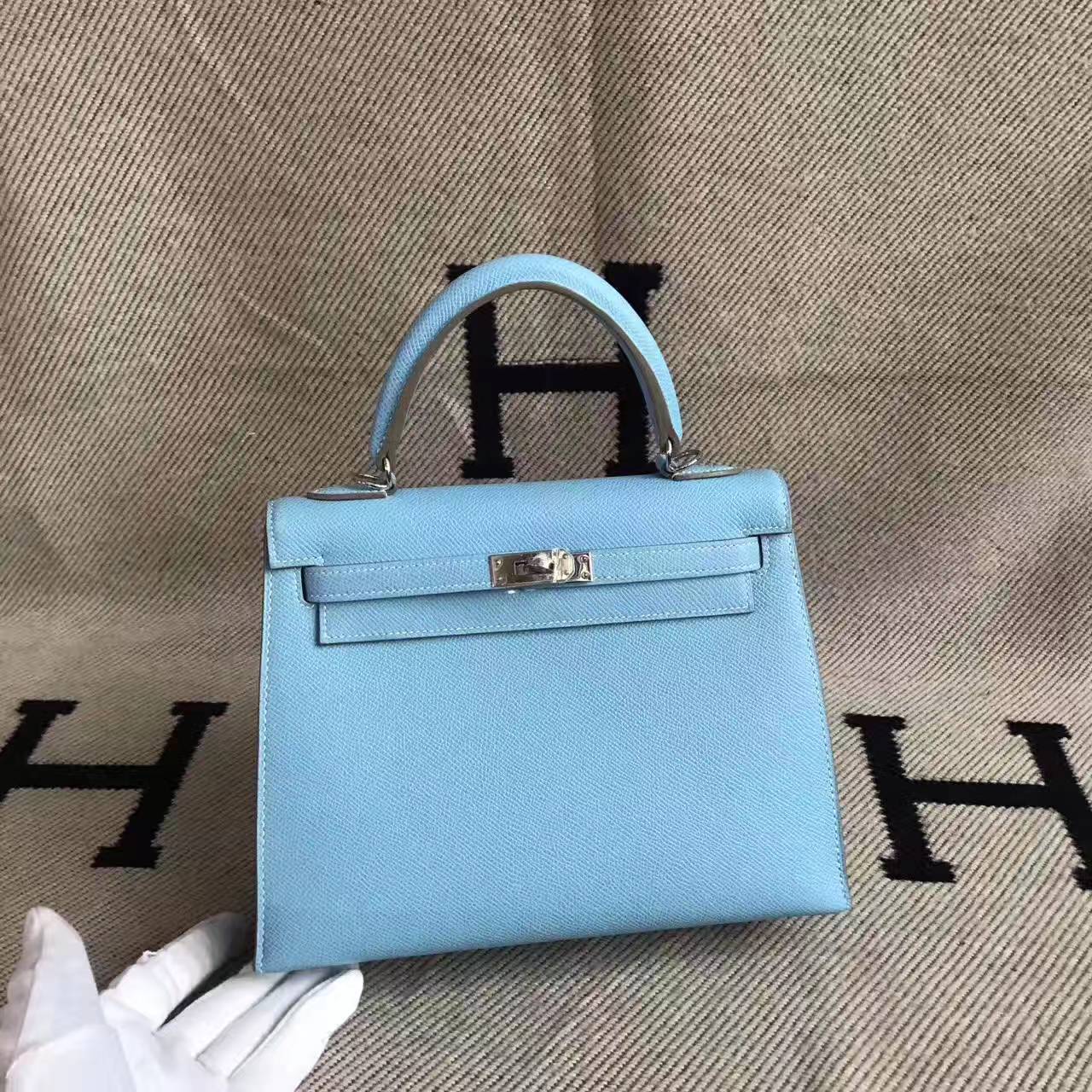 New Fashion Hermes 7N Candy Blue Epsom Leather Kelly Bag 25CM