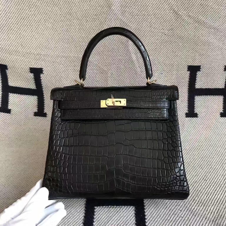 High Quality Hermes Kelly Bag  25CM in CK89 Black Porosus Matt Leather