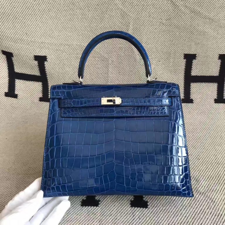 Hermes 7Q Mykonos Blue Crocodile Shiny Leather Sellier Kelly Bag  25cm