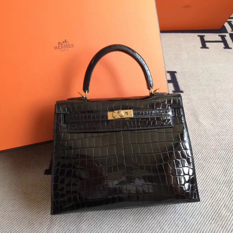 Hermes Kelly Bag 25cm in CK89 Black Crocodile Shiny Leather