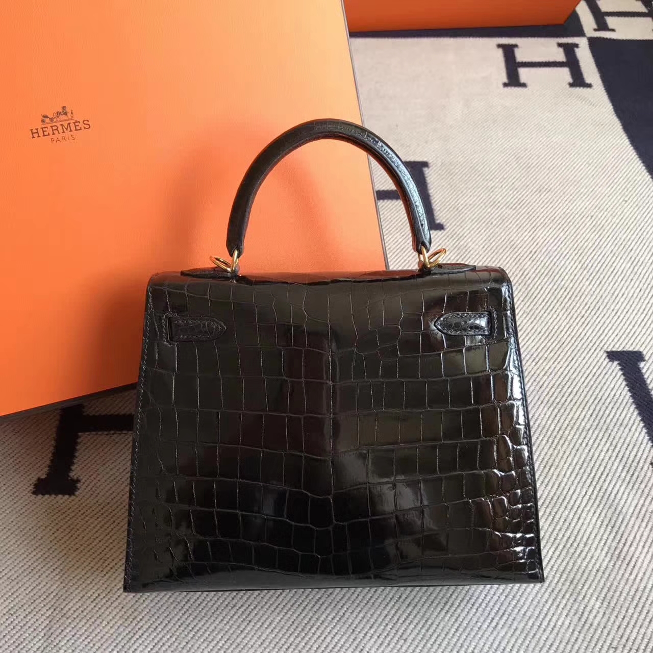 Discount Hermes Kelly Bag25cm in CK89 Black Crocodile Shiny Leather