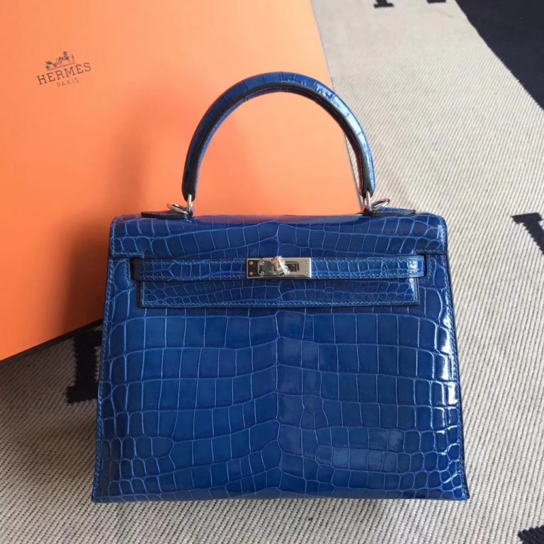On Hermes 7Q Mykonos Blue Crocodile Shiny Leather Kelly 25cm Bag