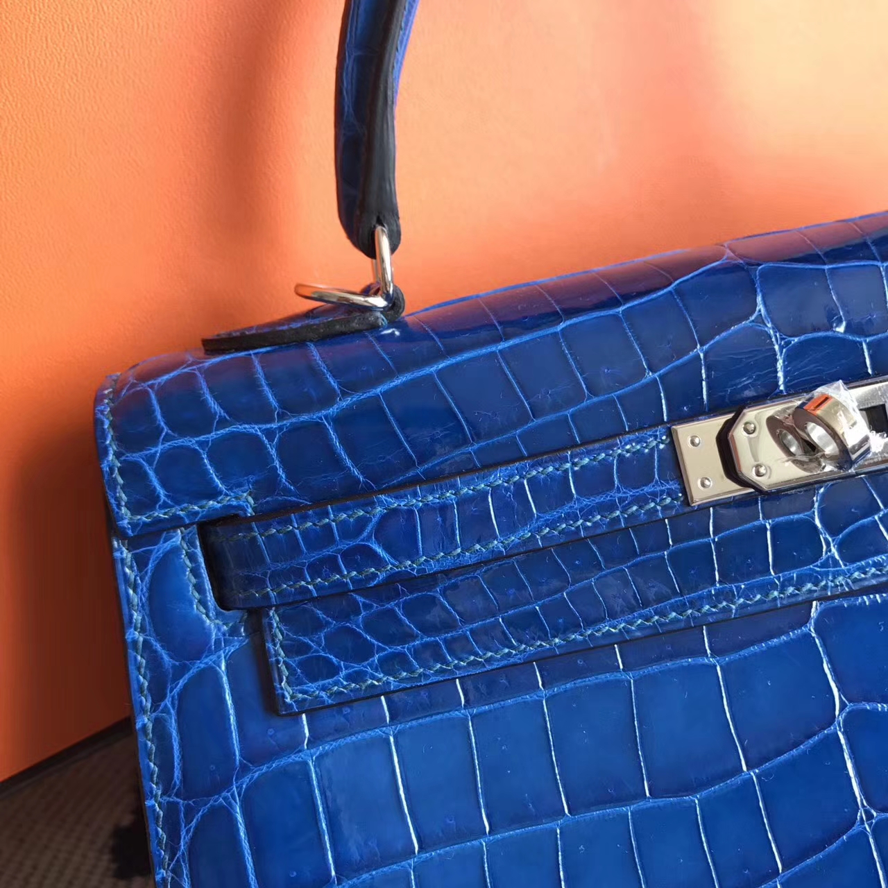 On Sale Hermes 7Q Mykonos Blue Crocodile Shiny Leather Kelly25cm Bag