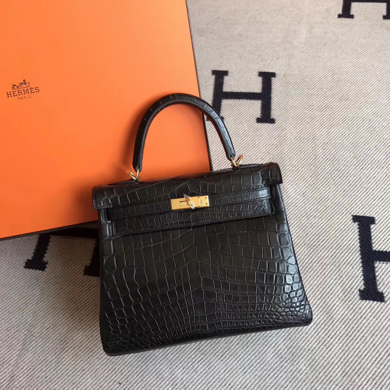 Hand Stitching Hermes CK89 Black Crocodile Matt Retourne Kelly Bag 25cm