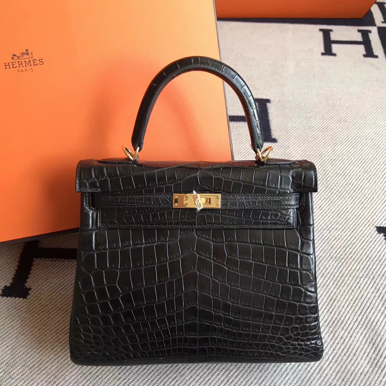 Hand Stitching Hermes CK89 Black Crocodile Matt Retourne Kelly Bag 25cm