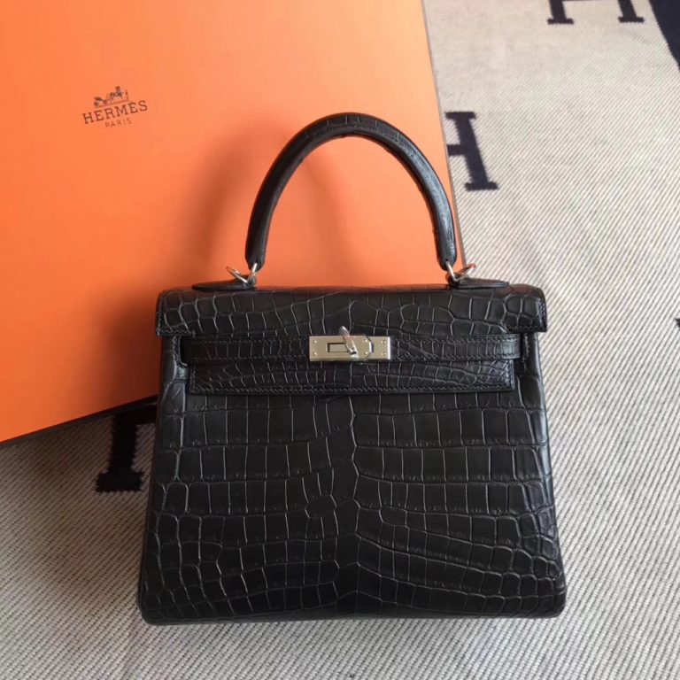 Womens Handbag Hermes Crocodile Matt Leather Kelly 25cm in CK89 Black