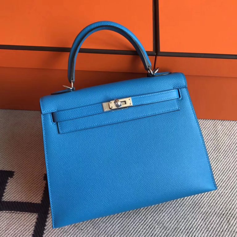 Hermes Kelly 25cm Bag in B3 Blue Zanzibar Epsom Leather Silver Hardware