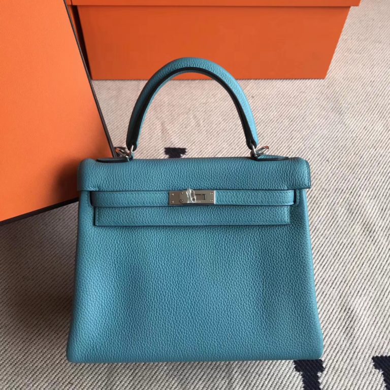 Hermes Togo Calfskin Kelly Bag  25cm in Blue Turquoise Silver Hardware