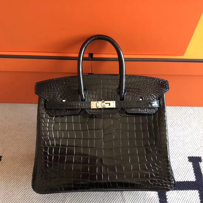 Womens Handbag Hermes CK89 Black Crocodile Shiny Birkin Bag 25cm