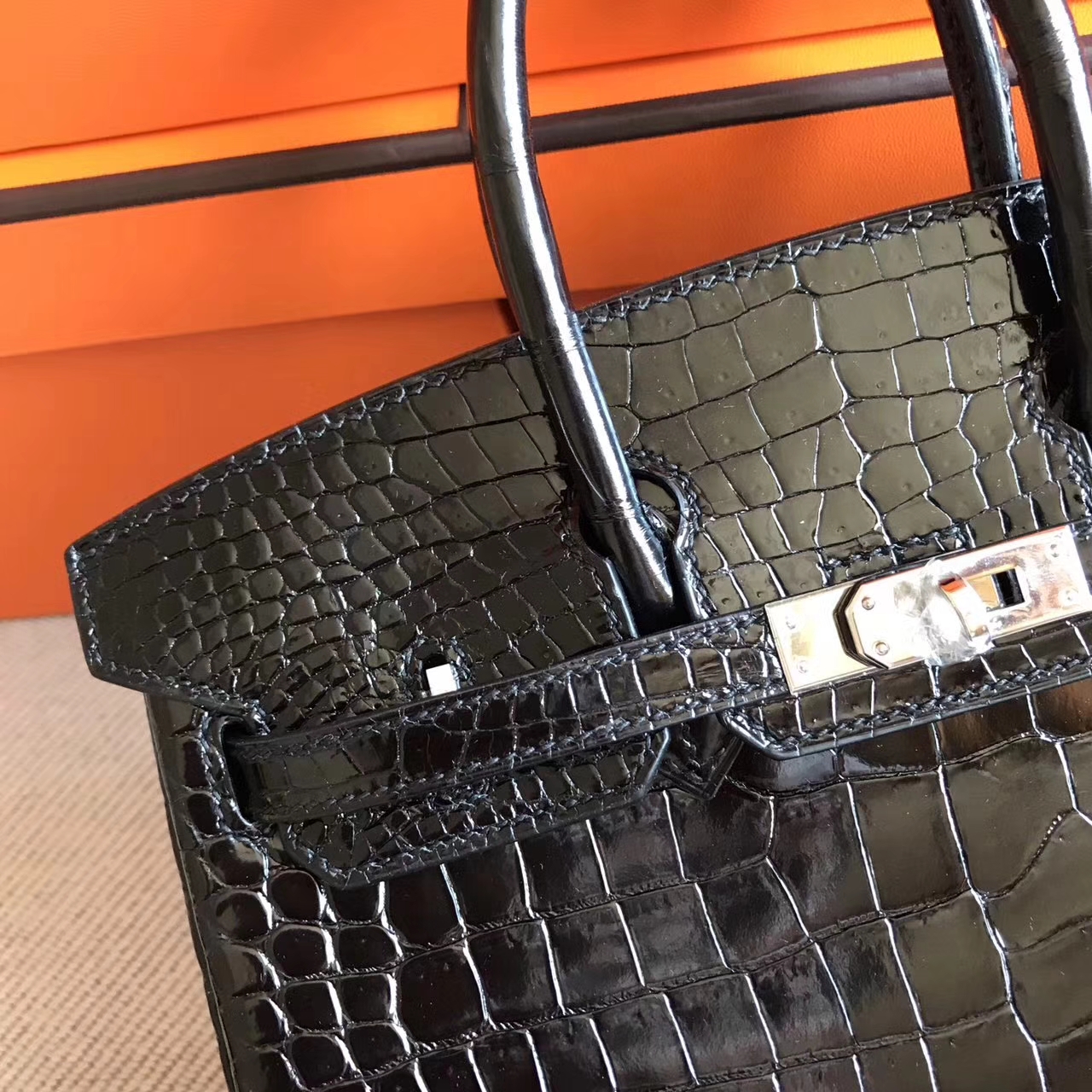 Luxury Women&#8217;s Handbag Hermes CK89 Black Crocodile Shiny Birkin Bag25cm