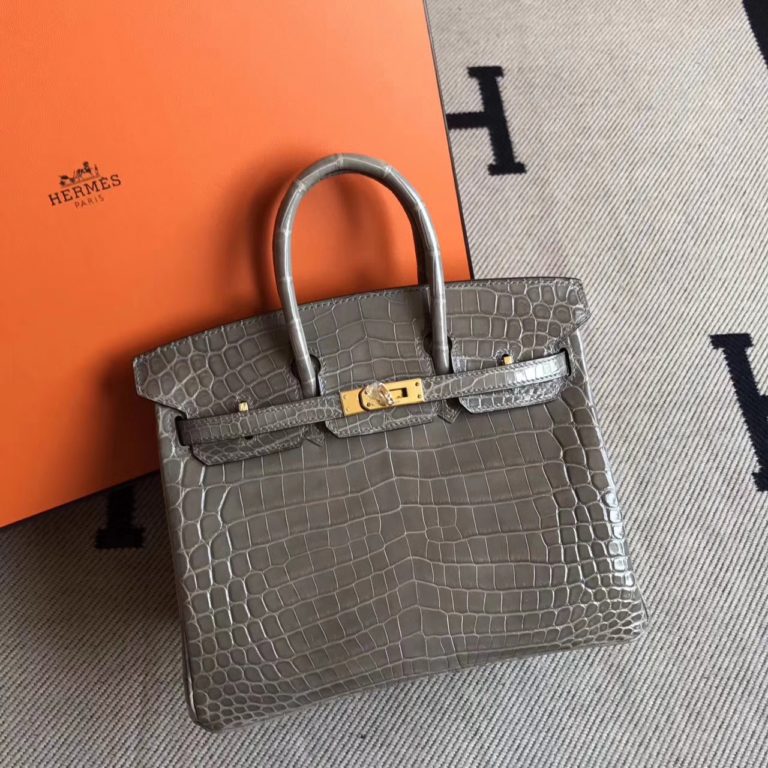 Hermes Crocodile Shiny Leather Birkin 25cm Bag in C 18 Etoupe Grey