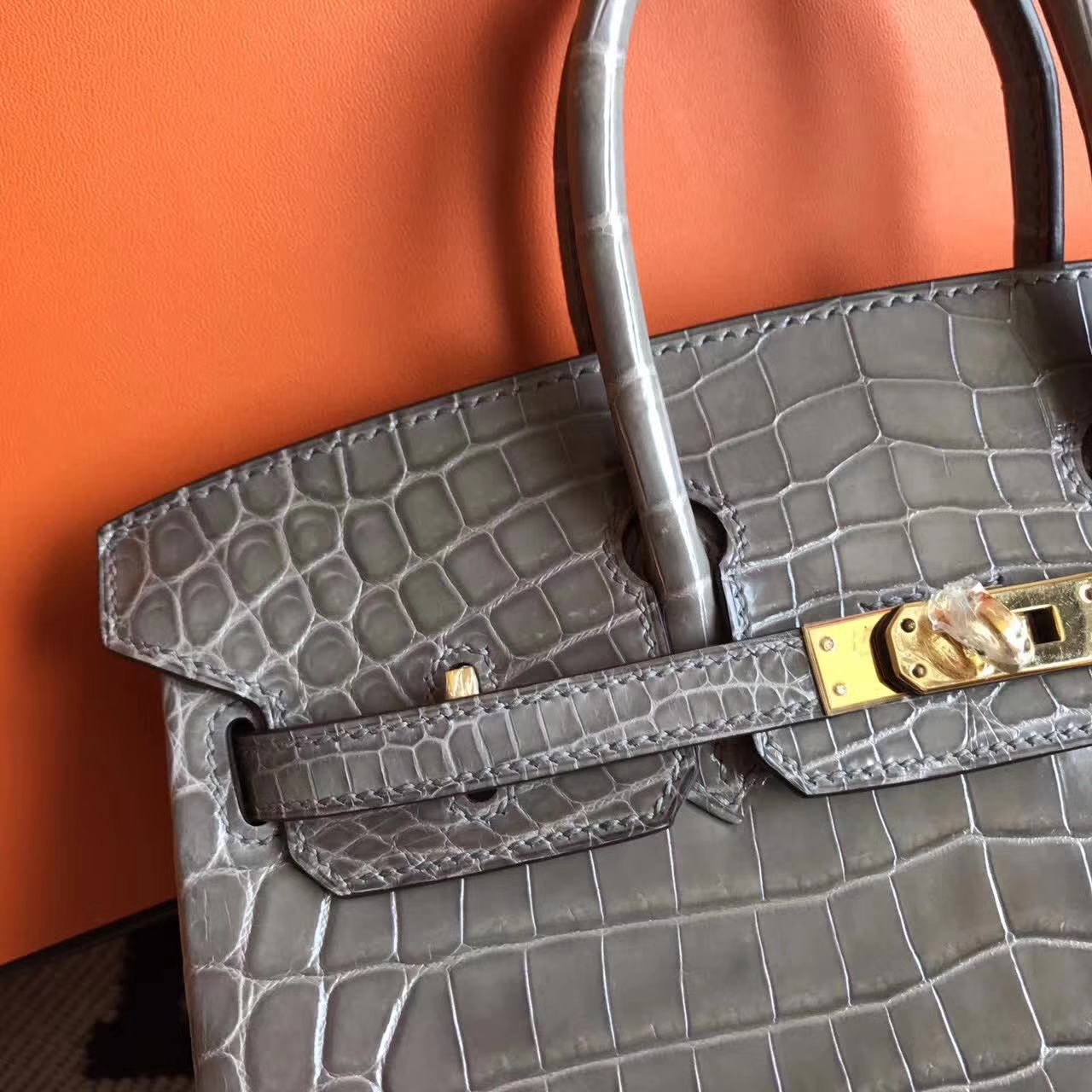Hot Sale Hermes Crocodile Shiny Leather Birkin25cm Bag in C18 Etoupe Grey