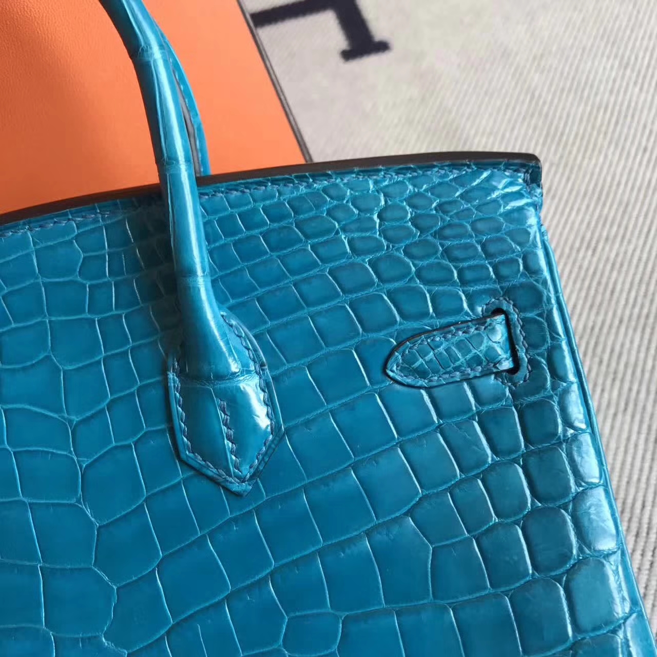 New Hermes 7W Blue Izmir Crocodile Shiny Leather Birkin25cm Bag Silver Hardware