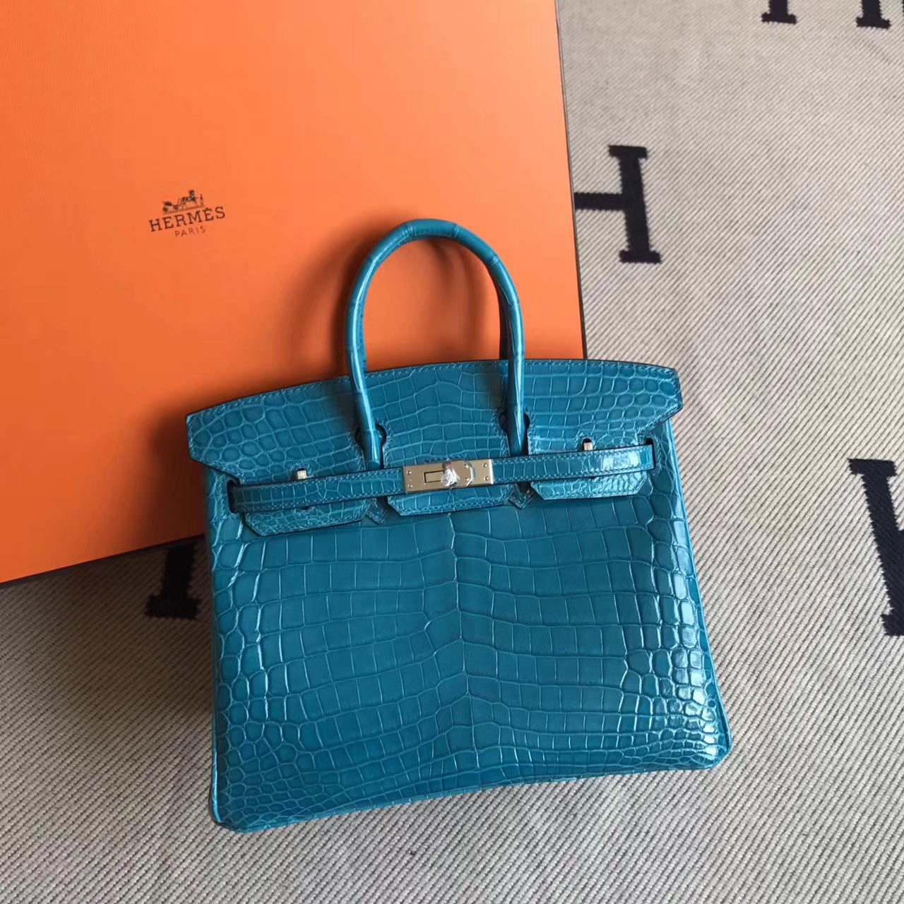 New Hermes 7W Blue Izmir Crocodile Shiny Leather Birkin25cm Bag Silver Hardware