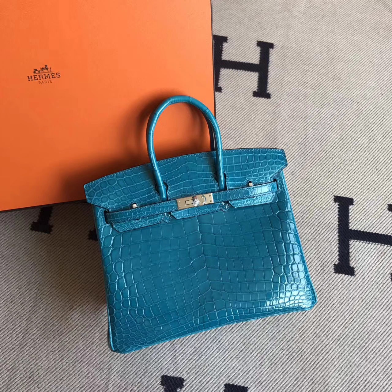 New Hermes 7W Blue Izmir Crocodile Shiny Leather Birkin25cm Bag Silver Hardware