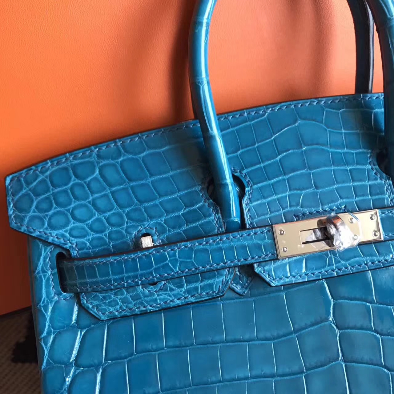 New Hermes 7W Blue Izmir Crocodile Shiny Leather Birkin25cm Bag Silver Hardware