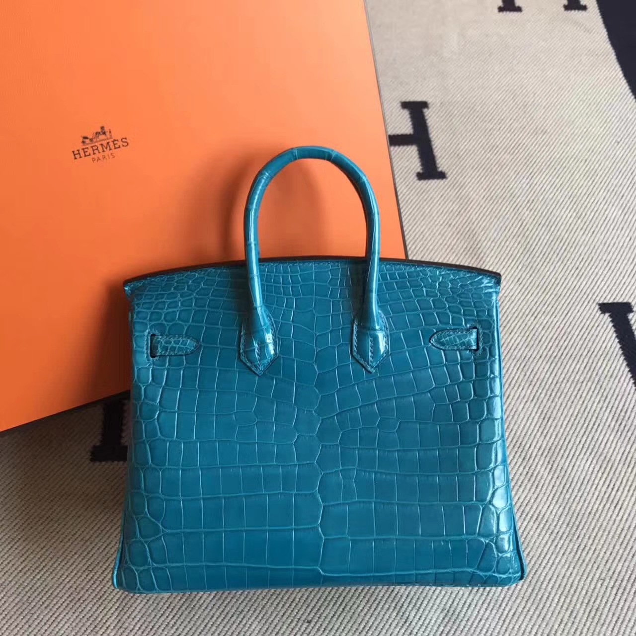 New Hermes 7W Blue Izmir Crocodile Shiny Leather Birkin25cm Bag Silver Hardware