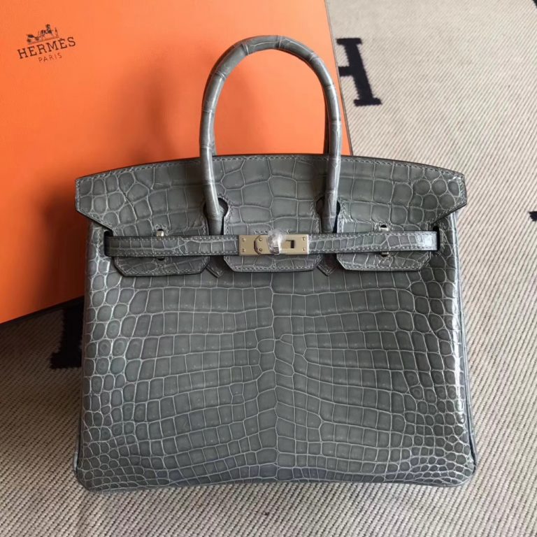 Hermes Crocodile Shiny Birkin Handbag 25cm in Mousse Grey
