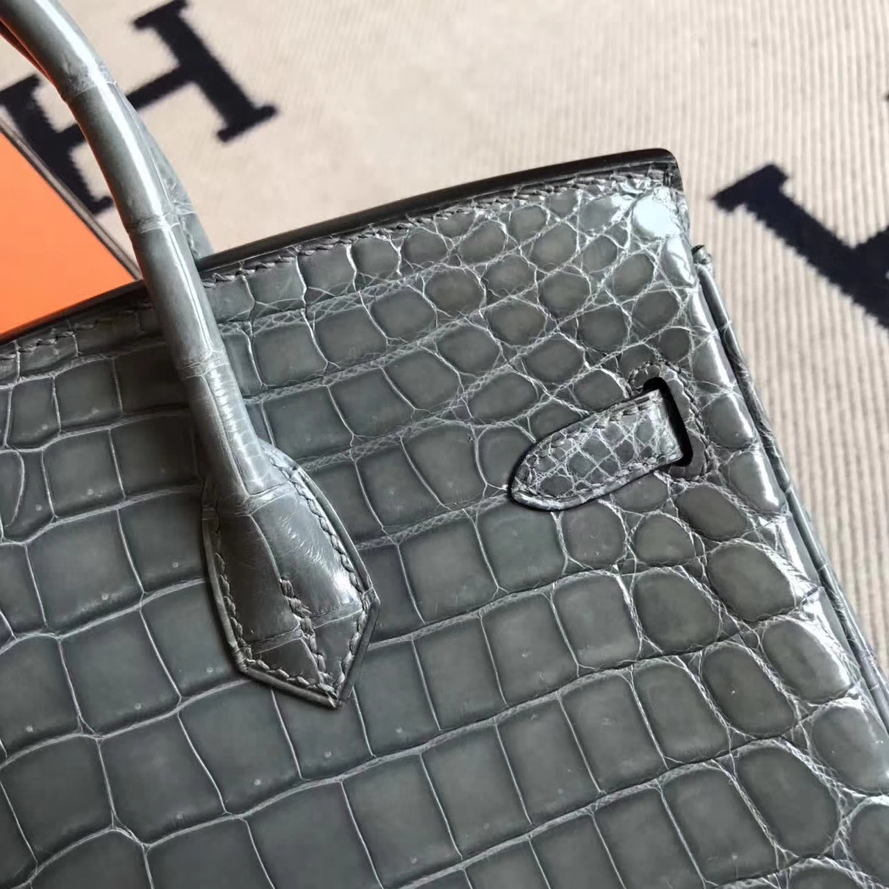 Wholesale Hermes Crocodile Shiny Birkin Handbag25cm in Mousse Grey